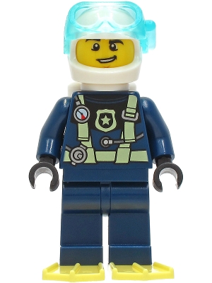 LEGO Police - City Officer Dark Blue Diving Suit with Yellowish Green Harness, White Helmet, White Air Tanks, Bright Light Yellow Flippers minifigure