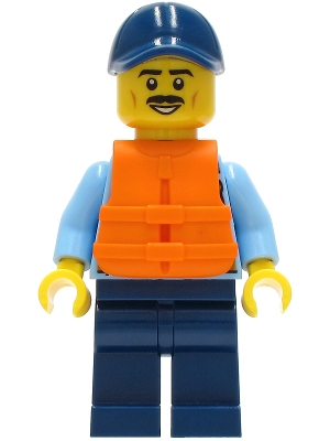 LEGO Police - City Officer Shirt with Dark Blue Tie and Gold Badge, Dark Tan Belt with Radio, Dark Blue Legs, Dark Blue Cap, Orange Life Jacket minifigure