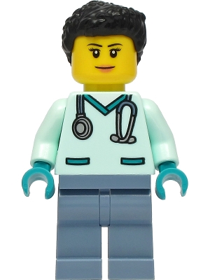 LEGO Wildlife Rescue Veterinarian - Female, Light Aqua Scrubs, Sand Blue Legs, Black Hair minifigure