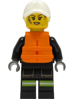 LEGO Fire - Female, Black Jacket and Legs with Reflective Stripes and Red Collar, White Cap with Bright Light Yellow Hair, Orange Life Jacket, Dark Bluish Gray Splotches minifigure