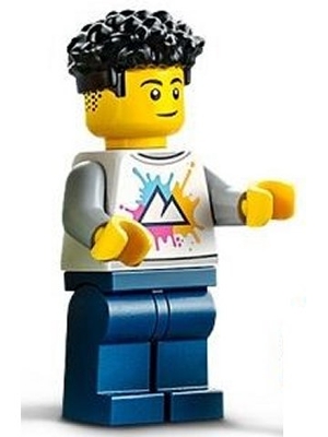 LEGO Male, White Shirt with Mountains, Dark Blue Legs, Black Coiled Hair minifigure