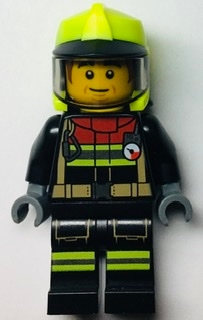 LEGO Fire - Male, Black Jacket and Legs with Reflective Stripes and Red Collar, Neon Yellow Fire Helmet, Trans-Black Visor, Dark Orange Sideburns (Bob& minifigure