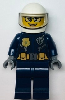LEGO Police - City Motorcyclist Female, Leather Jacket with Gold Badge and Utility Belt, White Helmet, Trans-Black Visor, Glasses, and Open Mouth Smile minifigure