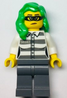 LEGO Police - Jail Prisoner 50382 Prison Stripes, Female, Dark Bluish Gray Legs, Frown with Black Mask, Green Hair minifigure
