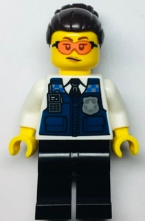 LEGO Police - Officer Gracie Goodhart, Dark Blue Vest, Black Pants, Orange Goggles, and Dark Brown Hair with Bun minifigure