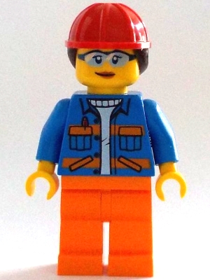 LEGO Construction Worker - Female, Blue Open Jacket with Pockets and Orange Stripes, Orange Legs, Red Construction Helmet with Dark Brown Hair minifigure