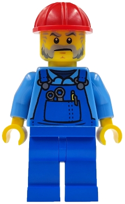 LEGO Mechanic Male with Red Construction Helmet, Beard, Medium Blue Shirt, and Blue Overalls, with Back Print minifigure