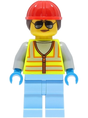 LEGO Space Engineer - Female, Neon Yellow Safety Vest, Bright Light Blue Legs, Red Construction Helmet with Dark Brown Hair minifigure