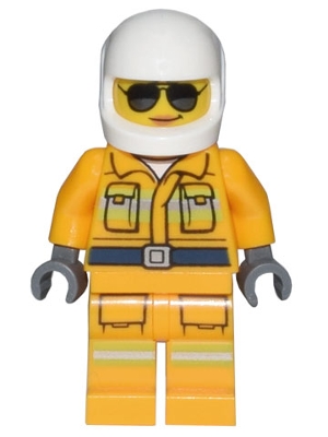 LEGO Fire - Reflective Stripes, Bright Light Orange Suit, White Helmet, Sunglasses minifigure