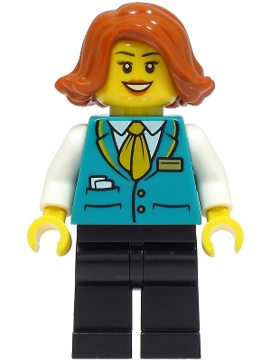 LEGO Bus Driver - Female, Dark Turquoise Vest, Black Legs, Dark Orange Hair minifigure