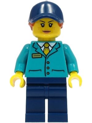 LEGO Train Platform Guard - Female, Dark Turquoise Shirt, Dark Blue Legs and Cap, Dark Orange Hair minifigure