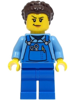 LEGO Stuntz Crew - Female, Medium Blue Shirt, Blue Apron, Dark Brown Hair minifigure