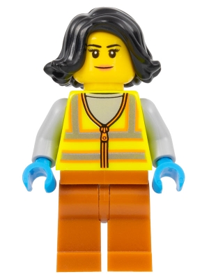 LEGO Recycling Worker - Female, Neon Yellow Safety Vest, Dark Orange Legs, Black Hair minifigure