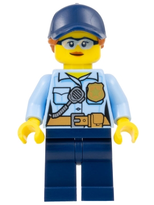 LEGO Police - City Officer Female, Bright Light Blue Shirt with Badge and Radio, Dark Blue Legs, Dark Blue Cap with Dark Orange Ponytail, Safety Glasses minifigure