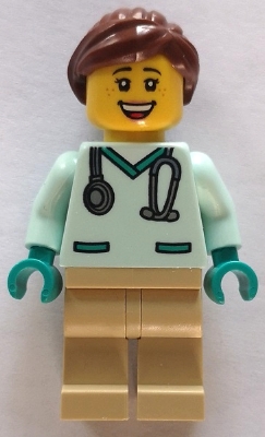 LEGO Veterinarian - Female, Light Aqua Scrubs, Tan Legs, Reddish Brown Hair minifigure