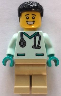 LEGO Veterinarian - Male, Light Aqua Scrubs, Tan Legs, Black Hair minifigure