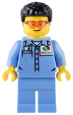 LEGO Custom Car Garage Mechanic - Male, Medium Blue Shirt with Octan Logo, Medium Blue Legs, Short Black Hair minifigure