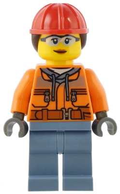 LEGO Construction Worker - Female, Orange Safety Jacket, Reflective Stripe, Sand Blue Hoodie, Sand Blue Legs, Red Construction Helmet with Dark Brown Hair minifigure