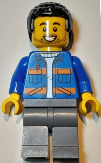 LEGO Lawn Mower Operator - Male, Blue Jacket with Diagonal Lower Pockets and Orange Stripes, Dark Bluish Gray Legs, Black Coiled Hair, Stubble minifigure