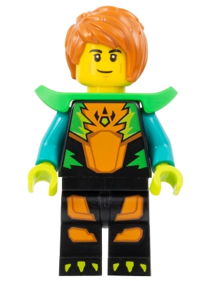 LEGO Stuntz Driver - Male, Black Jumpsuit with Orange Trim and Dark Turquoise Arms, Bright Green Shoulder Pads, Dark Orange Hair minifigure