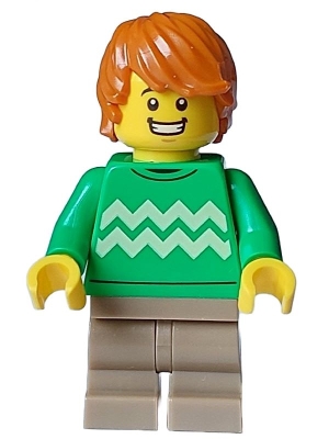 LEGO Boy - Bright Green Sweater, Dark Tan Medium Legs, Open Mouth Smile, Dark Orange Hair minifigure