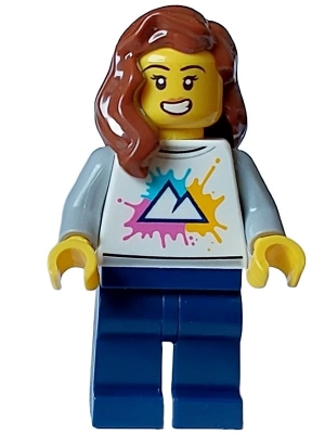 LEGO Female - White Shirt with Mountains, Dark Blue Legs, Open Mouth, Reddish Brown Hair minifigure