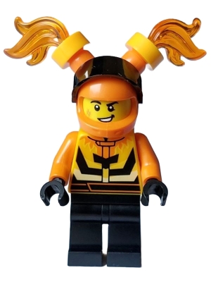 LEGO Stuntz Driver - Male, Bright Light Orange and Black Jacket, Black Legs, Orange Helmet with Flames and Black Visor minifigure