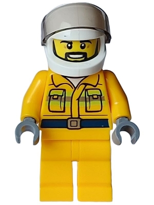 LEGO Fire - Male, Reflective Stripes, Bright Light Orange Jacket and Legs, White Helmet, Trans-Brown Visor minifigure