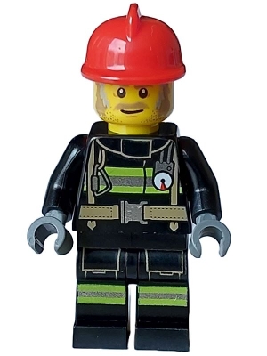 LEGO Fire - Male, Reflective Stripes with Utility Belt, Red Fire Helmet, Dark Tan and Light Bluish Gray Sideburns minifigure