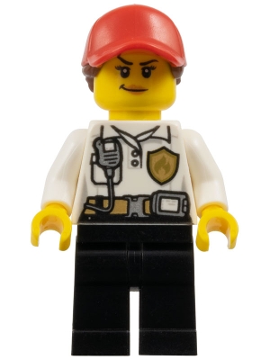 LEGO Fire - Female, White Shirt with Fire Logo Badge and Belt, Black Legs, Red Cap with Ponytail, Smirk, Medium Nougat Lips minifigure