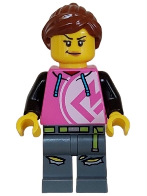 LEGO Kick Scooter Driver - Female, Dark Pink Hoodie, Dark Bluish Gray Legs minifigure