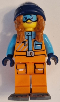 LEGO Arctic Explorer - Female, Orange Jacket, Dark Orange Braids with Dark Blue Beanie, Medium Azure Goggles, Dark Bluish Gray Snowshoes minifigure