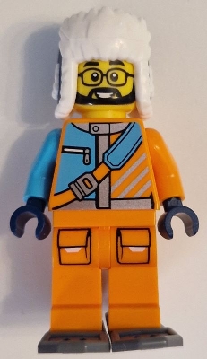 LEGO Arctic Explorer - Male, Orange and Medium Azure Jacket, Dark Blue Ushanka Hat, Black Beard, Glasses, Dark Bluish Gray Snowshoes minifigure