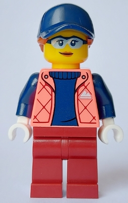 LEGO Female - Coral Jacket over Sweater, Dark Red Legs, Dark Blue Cap, Dark Orange Hair minifigure
