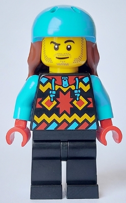 LEGO Snowboarder - Male, Geometric Jacket, Black Legs, Medium Azure Sports Helmet, Reddish Brown Long Hair minifigure