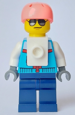 LEGO Rock Climber - Male, Dark Azure Jacket, Dark Blue Legs, Coral Sports Helmet, Sunglasses minifigure