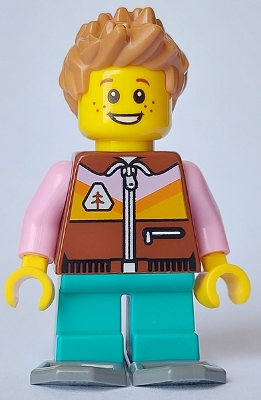 LEGO Boy - Reddish Brown Jacket, Dark Turqouise Short Legs, Medium Nougat Hair, Snowshoes minifigure