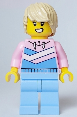 LEGO Tuk Tuk Driver - Female, Bright Pink Hoodie, Bright Light Blue Legs, Tan Hair minifigure