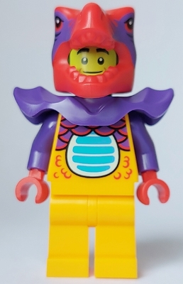 LEGO Comic Shop Guy - Male, Bright Light Orange Dragon Suit and Legs, Red Dragon Head, Dark Purple Shoulder Armor minifigure