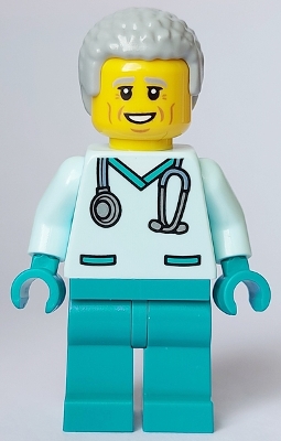 LEGO Veterinarian - Male, Light Aqua Scrubs, Dark Turquoise Legs, Light Bluish Grey Hair minifigure