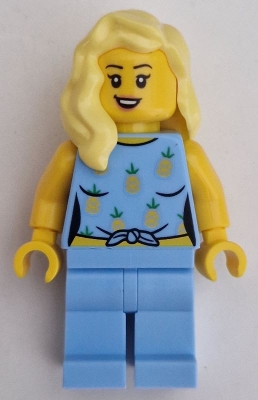 LEGO Car Driver - Female, Bright Light Blue Knotted Top with Pineapples and Legs, Bright Light Yellow Hair minifigure