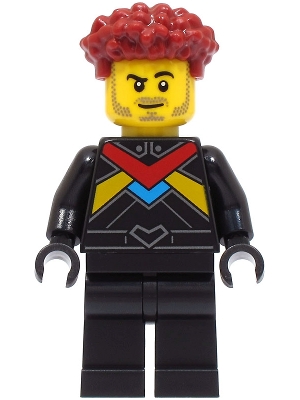 LEGO Race Car Driver - Male, Black Racing Suit with Red, Dark Azure and Bright Light Orange Stripes, Dark Red Hair minifigure