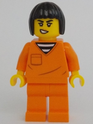 LEGO Police - City Jail Prisoner Female, Orange Prison Jumpsuit, Black Bob Cut Hair Short minifigure