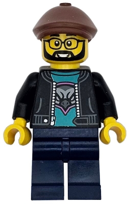 LEGO Race Truck Driver - Male, Black Jacket over Dark Turquoise Shirt with Hawk, Dark Blue Legs, Reddish Brown Flat Cap minifigure