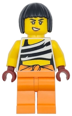 LEGO Police - City Bandit Crook Female, White Shirt with Black Prison Stripes and Orange Waistband, Orange Legs, Black Bob Cut Hair Short

 minifigure