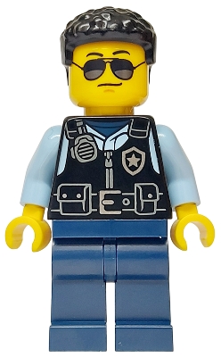 LEGO Police - City Officer Male, Black Safety Vest with Silver Star Badge Logo, Dark Blue Legs, Black Hair, Sunglasses minifigure