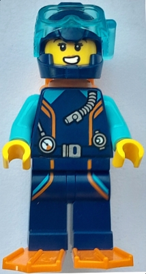 LEGO Arctic Explorer Diver - Female, Dark Blue Diving Suit and Helmet, Orange Air Tanks and Flippers, Trans-Light Blue Diver Mask, Scared minifigure