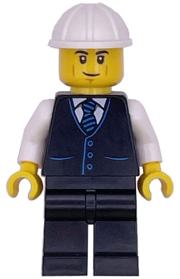 LEGO Construction Engineer / Architect - Male, Black Vest with Blue Striped Tie, Black Legs, White Construction Helmet, Lopsided Grin minifigure