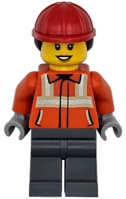LEGO Construction Worker - Female, Reddish Orange Safety Jacket with Reflective Stripes, Dark Bluish Gray Legs, Red Construction Helmet with Dark Brown Ponytail Hair, Hearing Aid minifigure