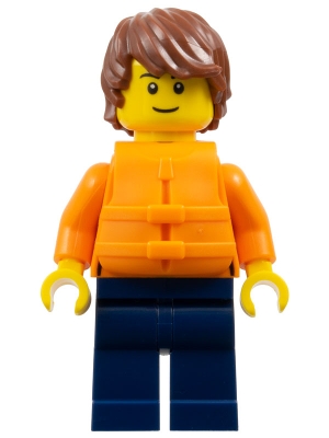 LEGO Man - Reddish Brown Hair, Orange Jacket and Life Jacket, Dark Blue Legs minifigure